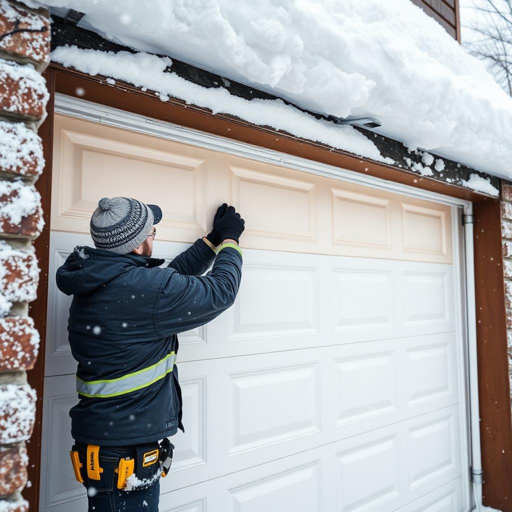Technician performing winter maintenance on a garage door in Oak Harbor