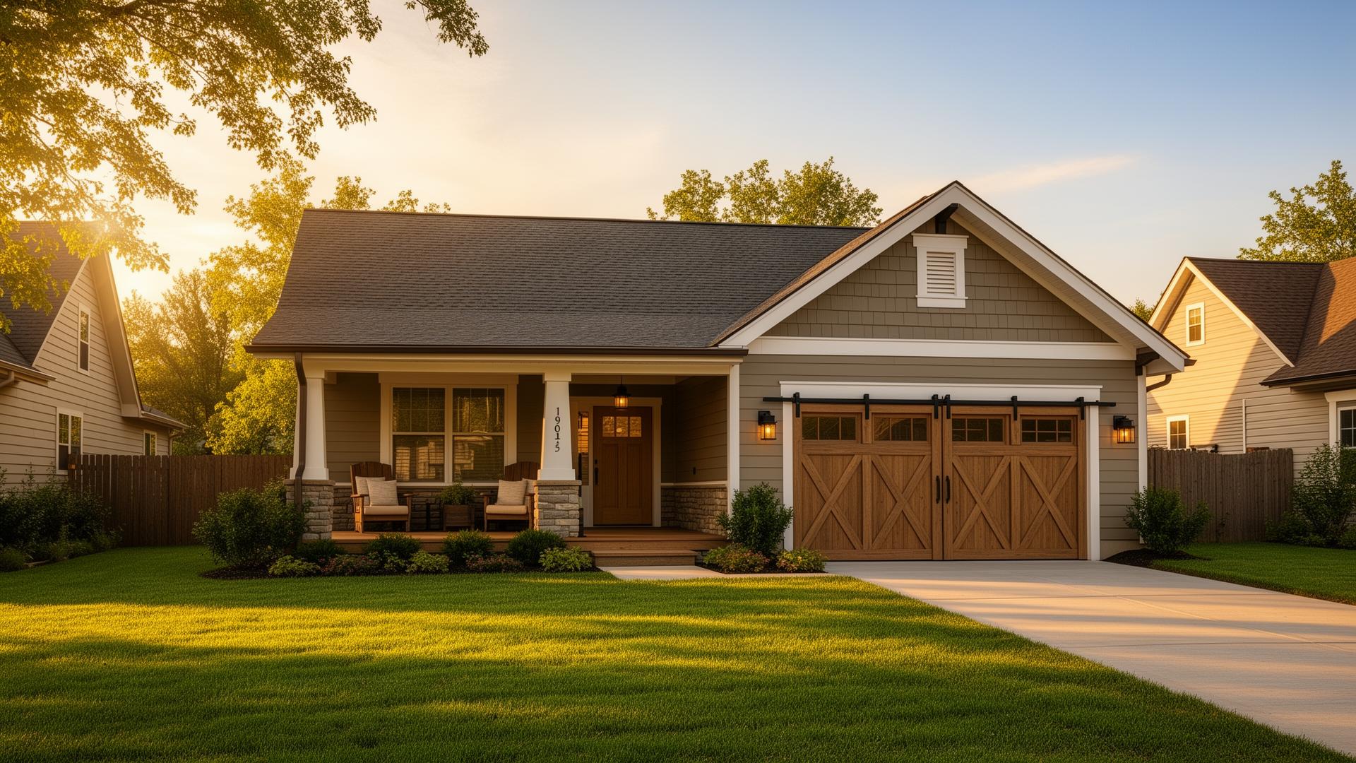 Beautiful craftsman home with farmhouse barn-style garage doors featuring X-pattern design in Oak Harbor