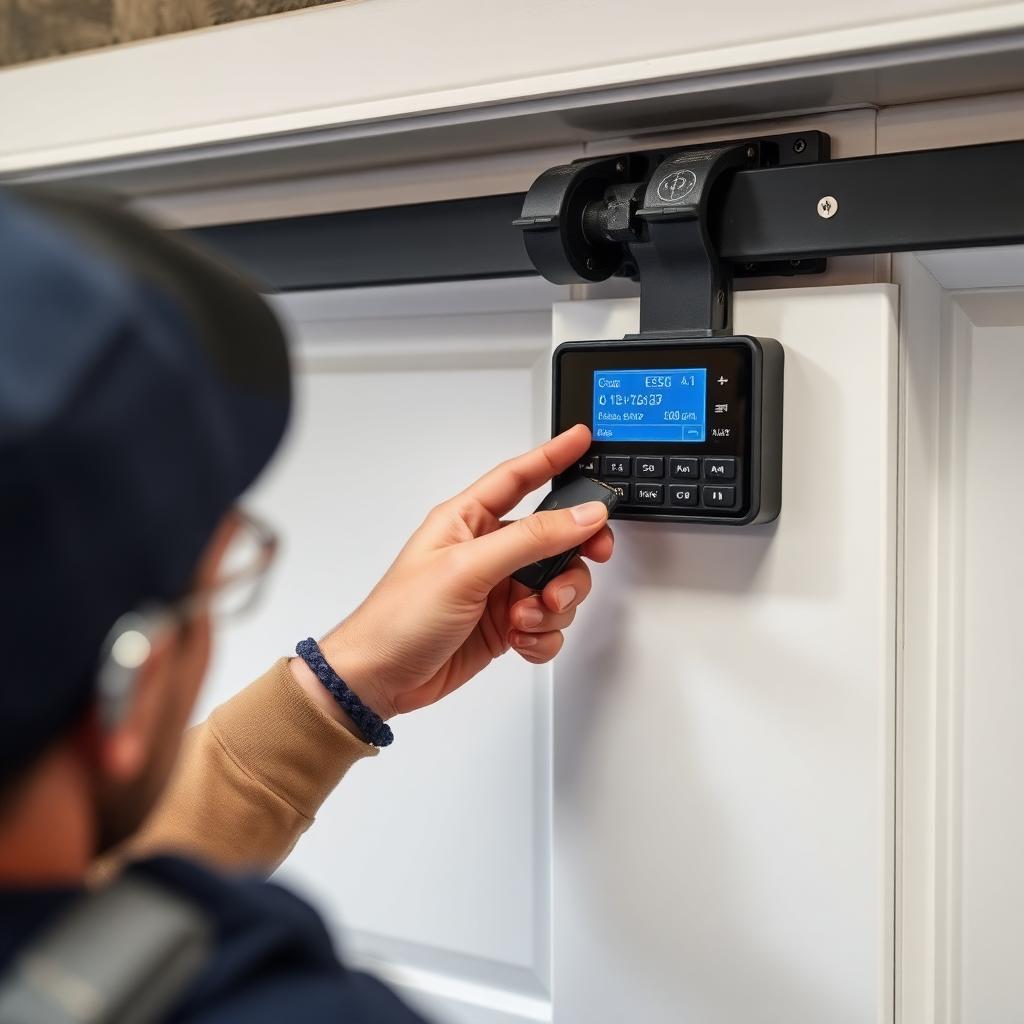 Professional technician programming garage door keypad in Oak Harbor